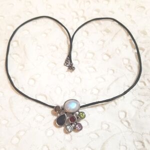 𝅺VTG MOONSTONE & Semi Precious Gems Sterling Silver Necklace